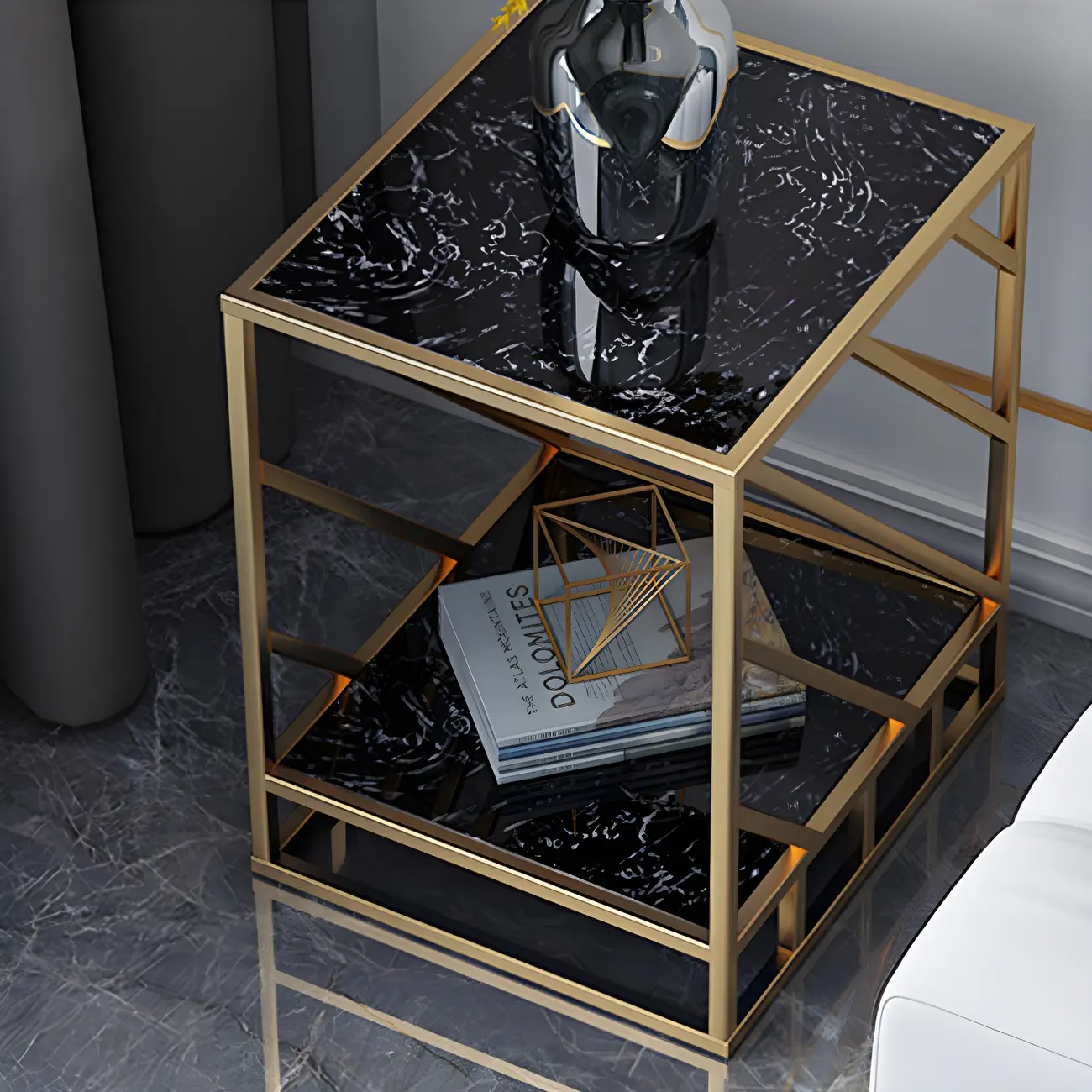 Luxury Bedside Table with Metal Frame in Black Stone Countertop Image - 14 | homeyfad