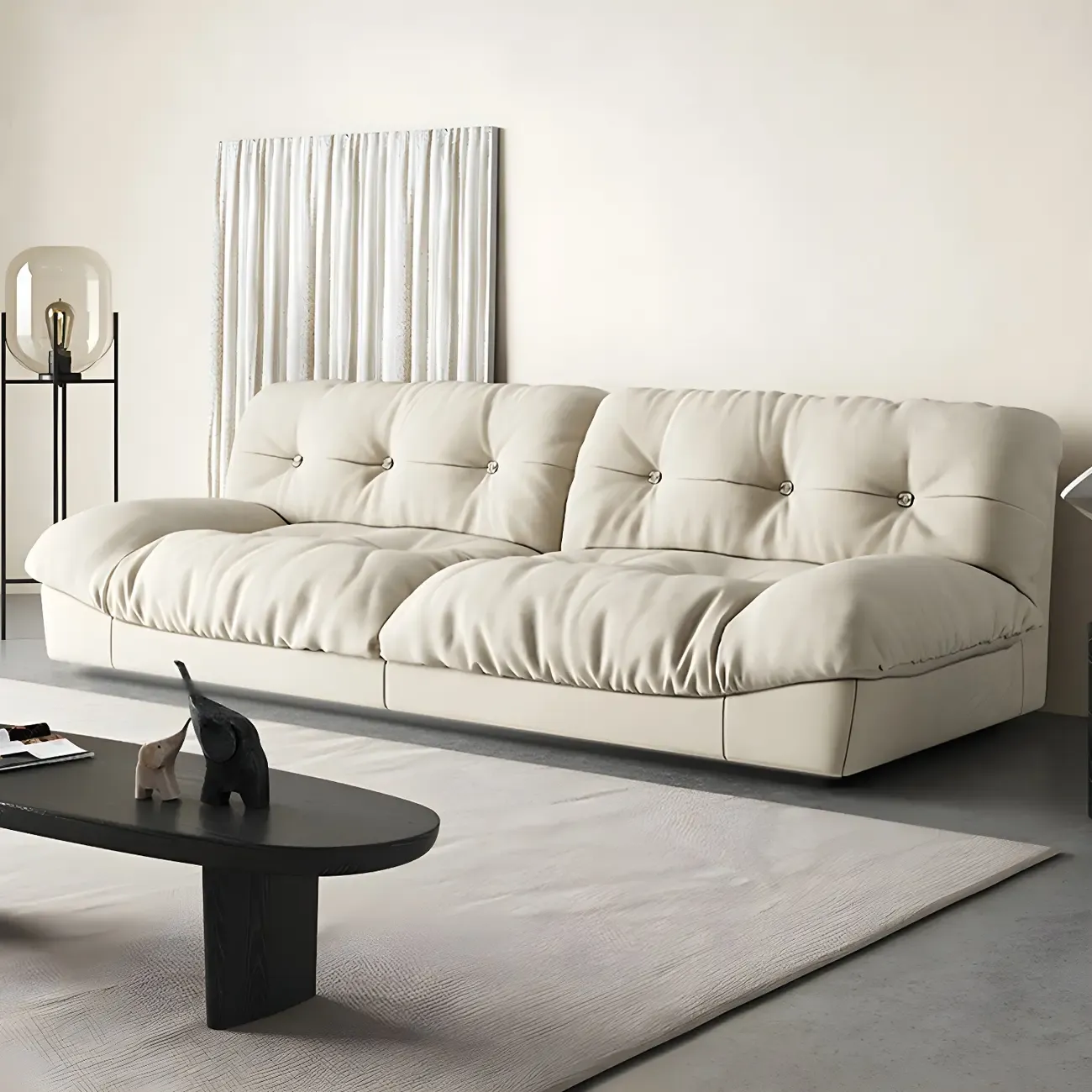 Modern Off-White Tufted Leather Sectional Sofa for Living Room Image - 9