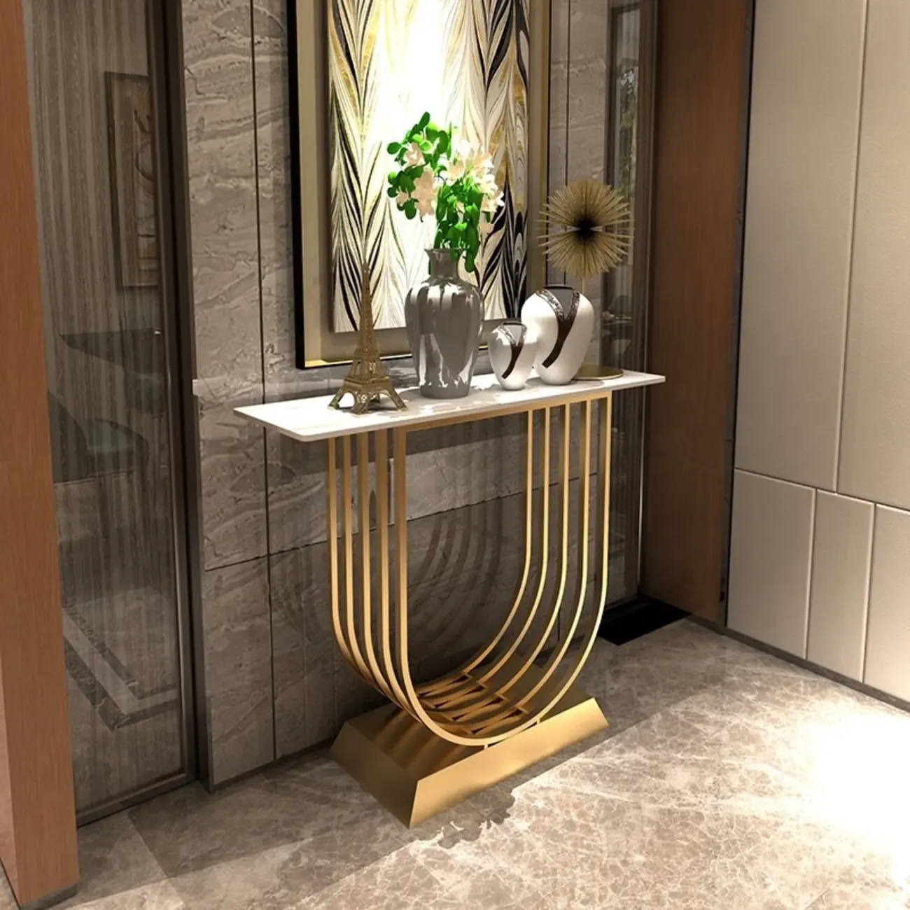 Narrow Stone Top Console Table with U-Shaped Base Image - 2