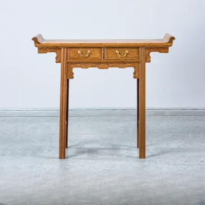 Oriental Brown Wooden Console Table with Drawers Image - 2