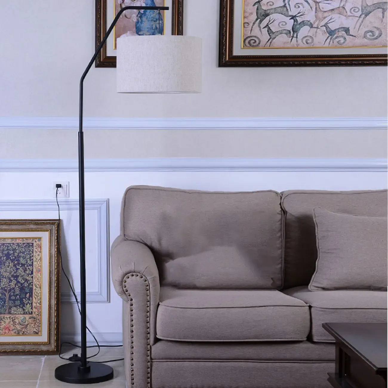 Black Traditional Floor Lamp with White Pleated Fabric Shade Image - 5