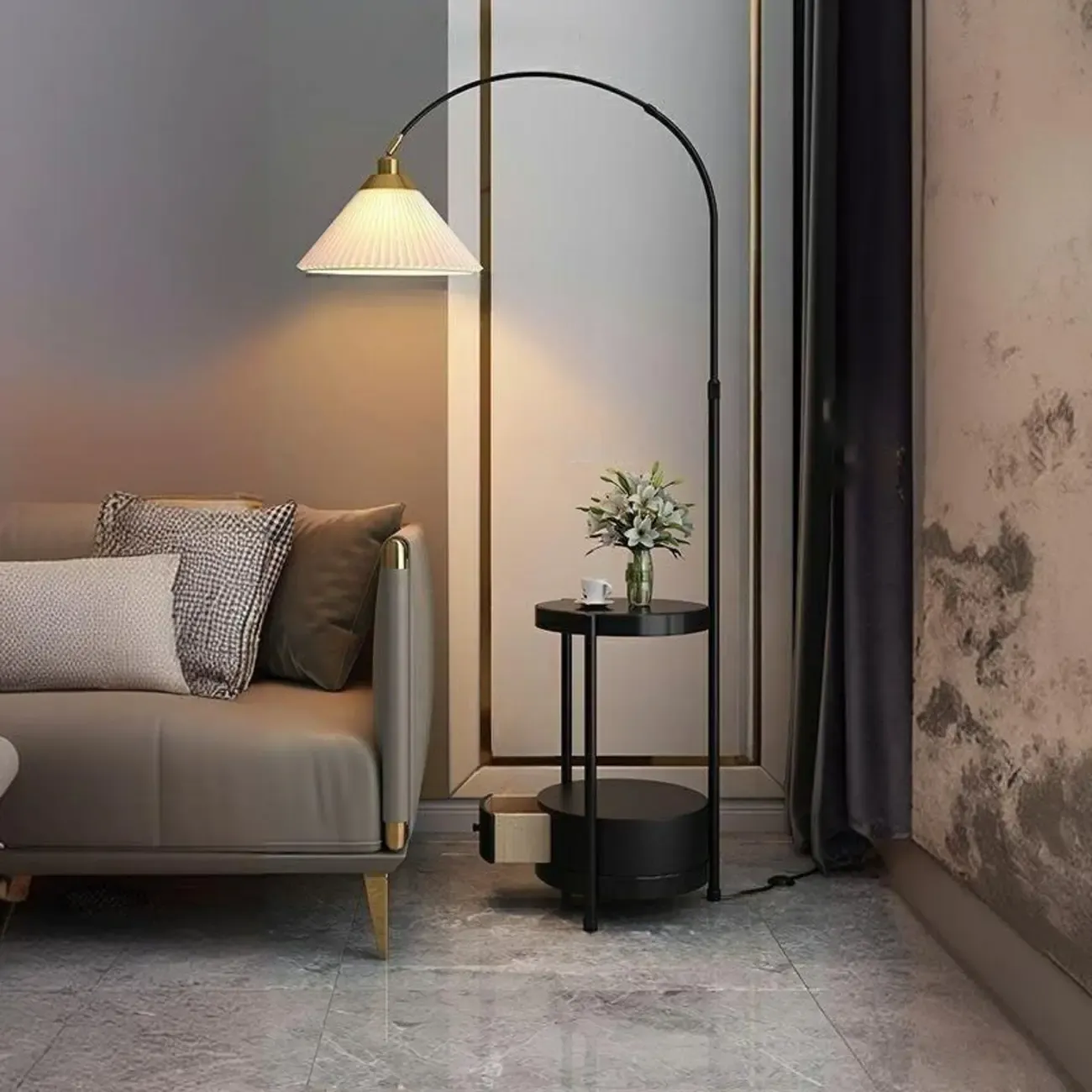 Arc Floor Lamp with Shelves and Adjustable Head for Living Room Image - 5
