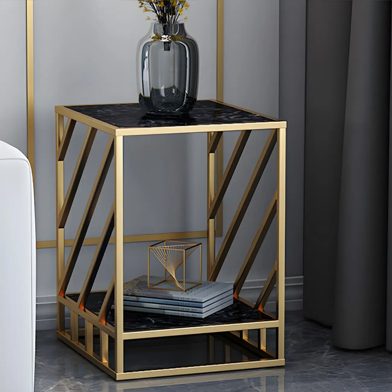 Luxury Bedside Table with Metal Frame in Black Stone Countertop Image - 15