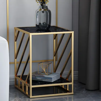 Luxury Bedside Table with Metal Frame in Black Stone Countertop Image - 15