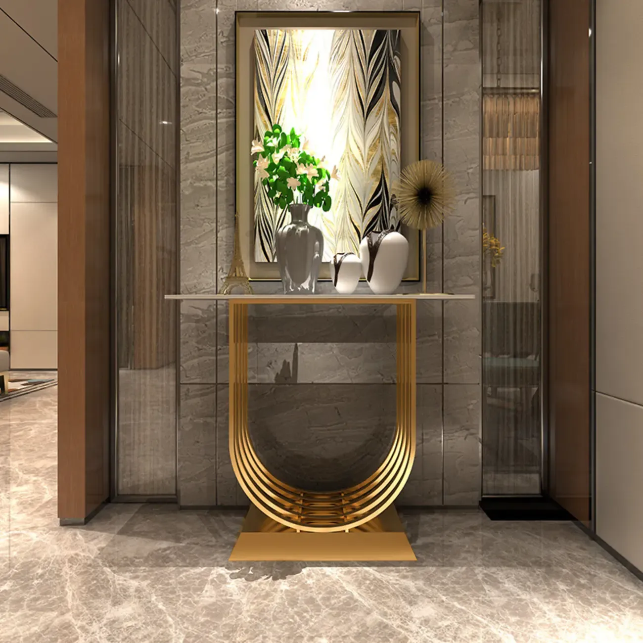 Narrow Stone Top Console Table with U-Shaped Base Image - 3