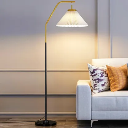 Black Traditional Floor Lamp with White Pleated Fabric Shade Image - 6