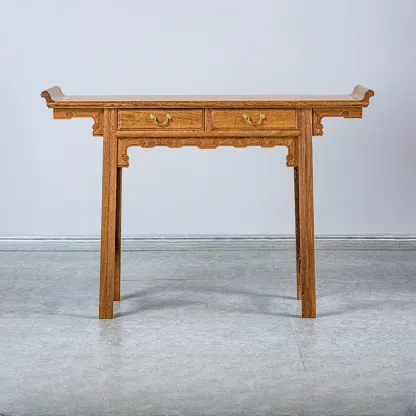Oriental Brown Wooden Console Table with Drawers Image - 3