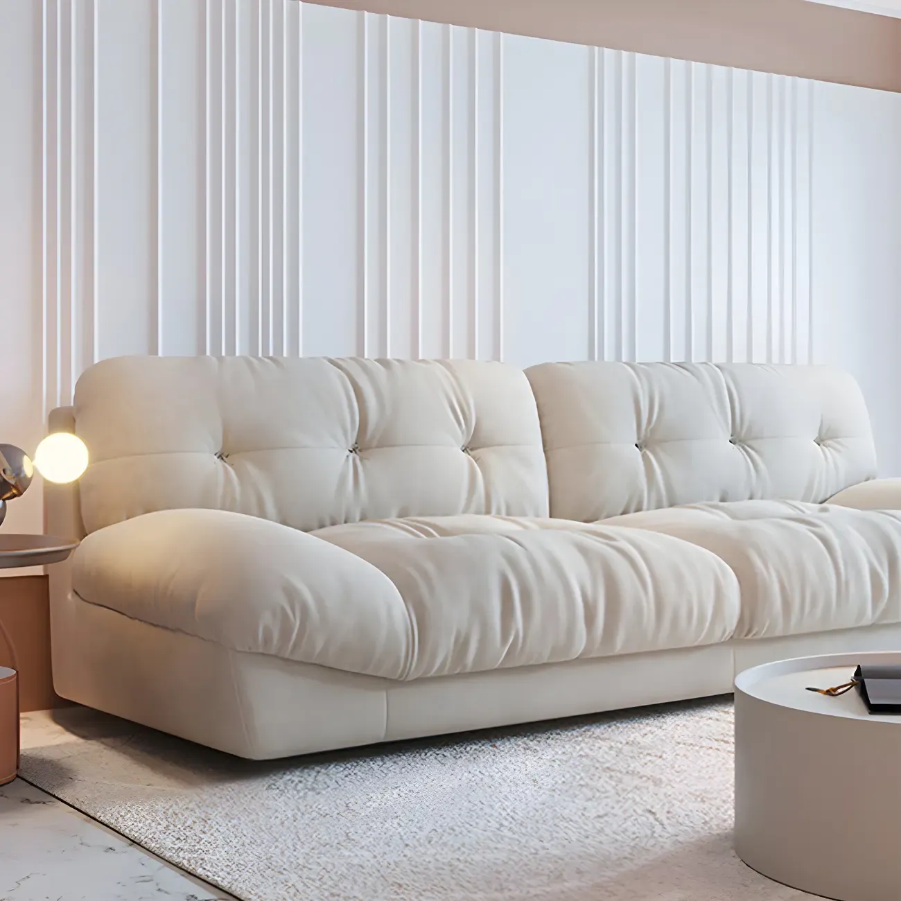 Modern Off-White Tufted Leather Sectional Sofa for Living Room Image - 11
