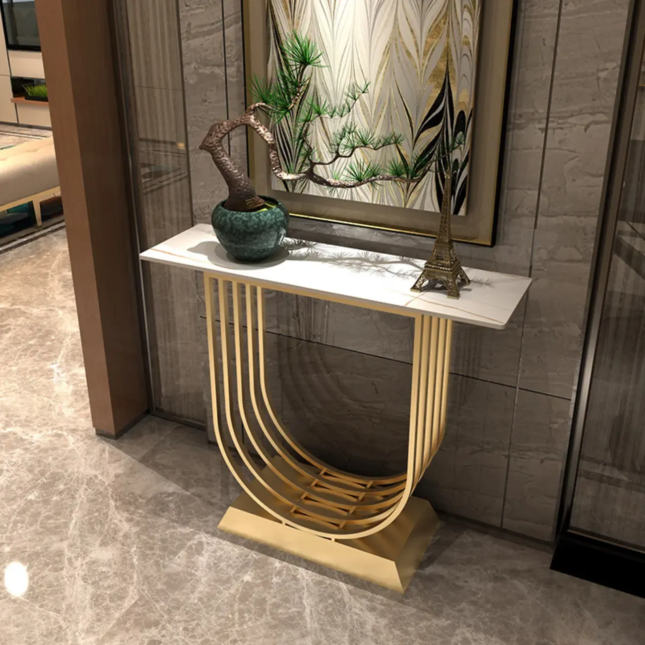 Narrow Stone Top Console Table with U-Shaped Base Image - 4