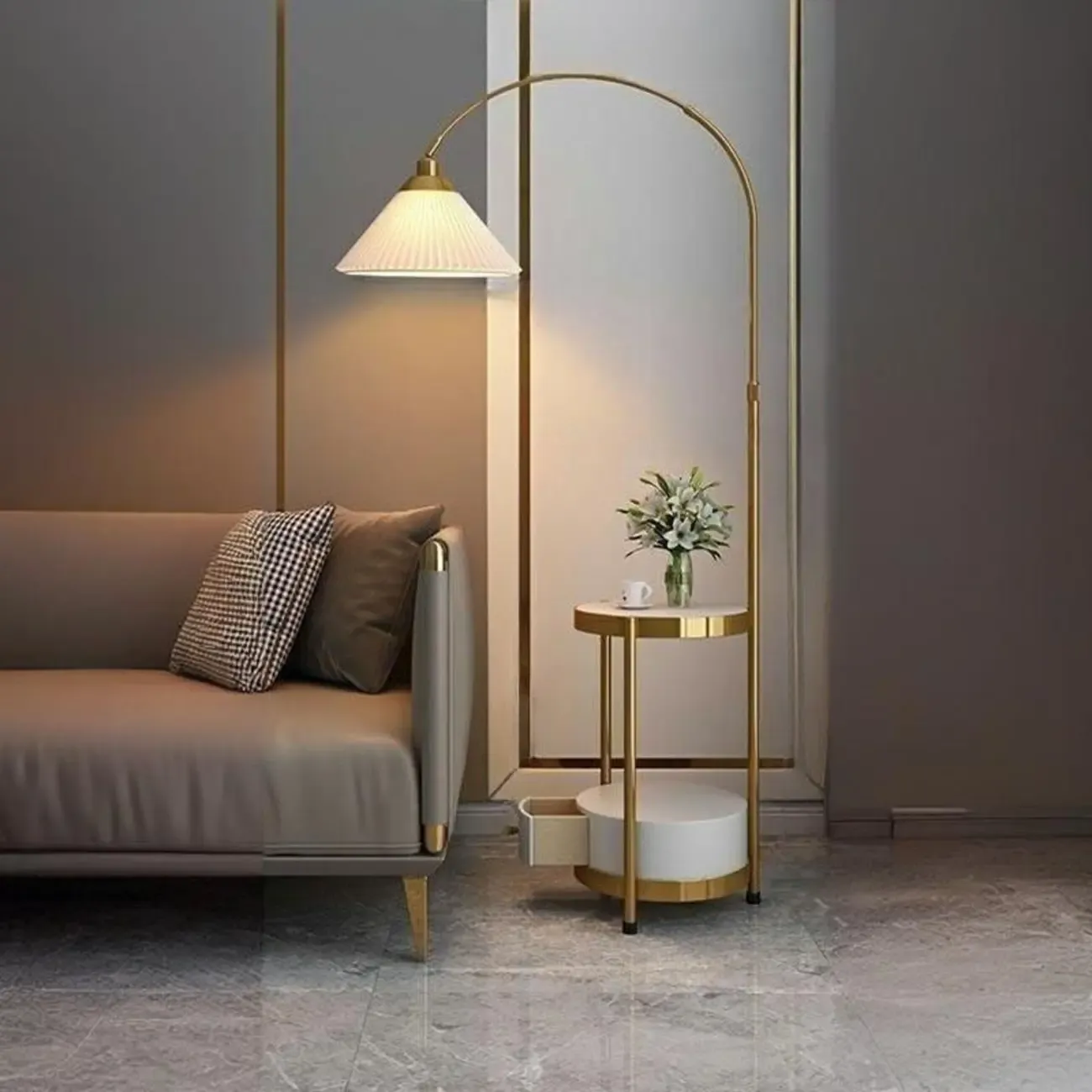 Arc Floor Lamp with Shelves and Adjustable Head for Living Room Image - 7