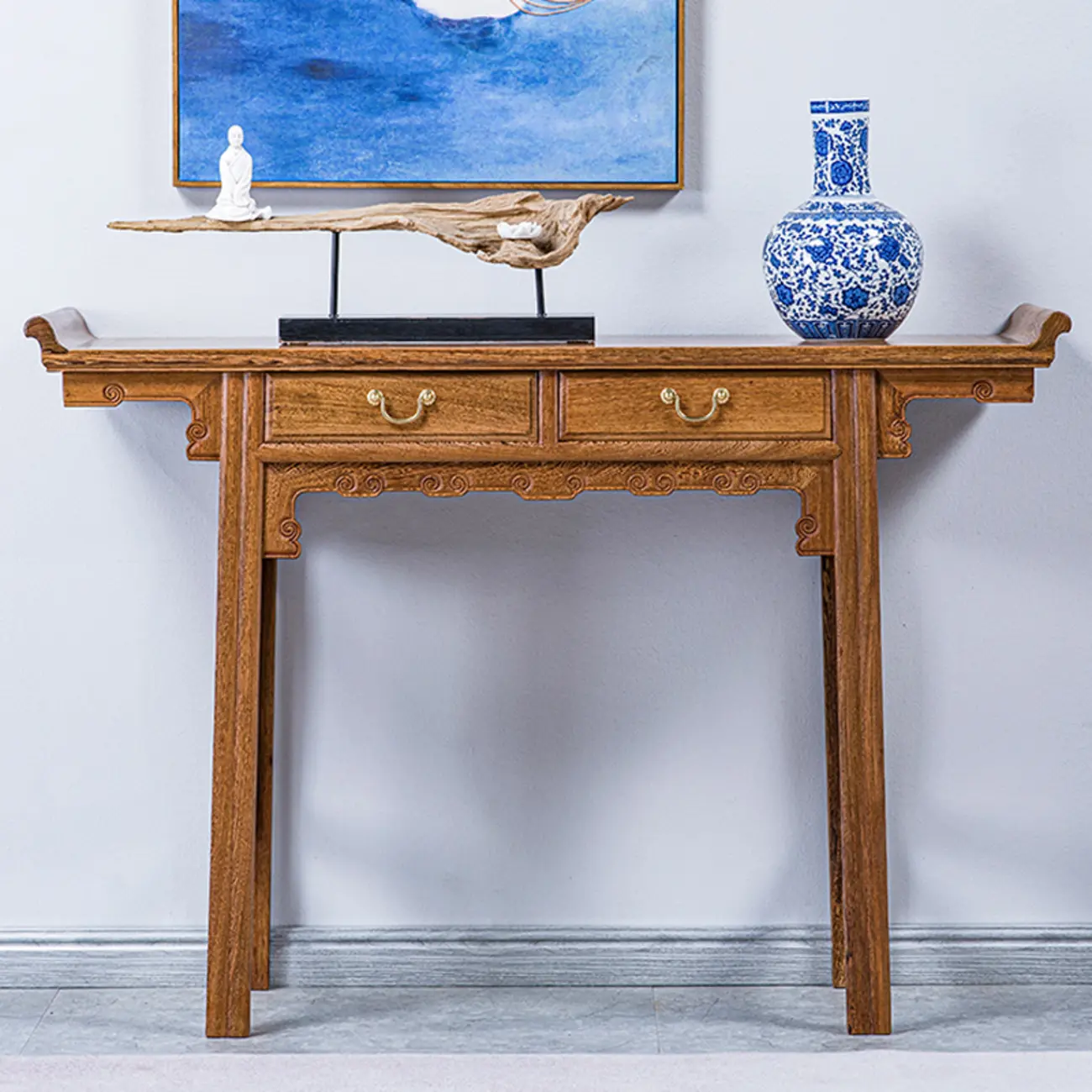 Oriental Brown Wooden Console Table with Drawers Image - 4 | homeyfad