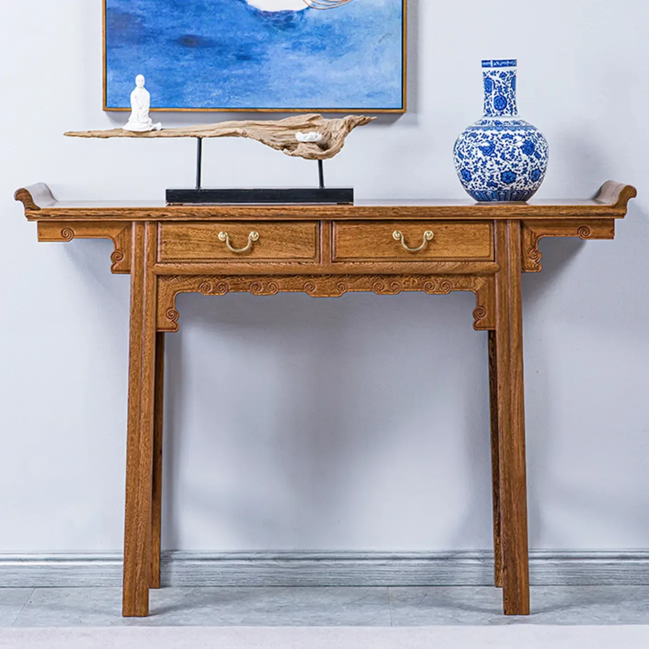 Oriental Brown Wooden Console Table with Drawers Image - 4