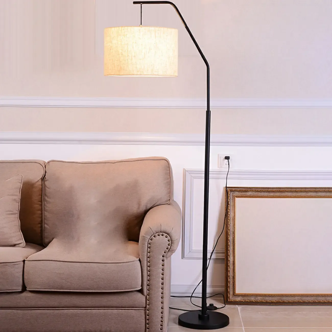 Black Traditional Floor Lamp with White Pleated Fabric Shade Image - 8