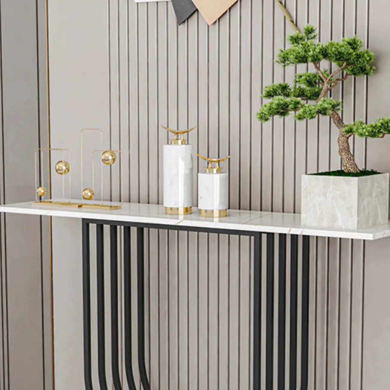 Narrow Stone Top Console Table with U-Shaped Base Image - 7