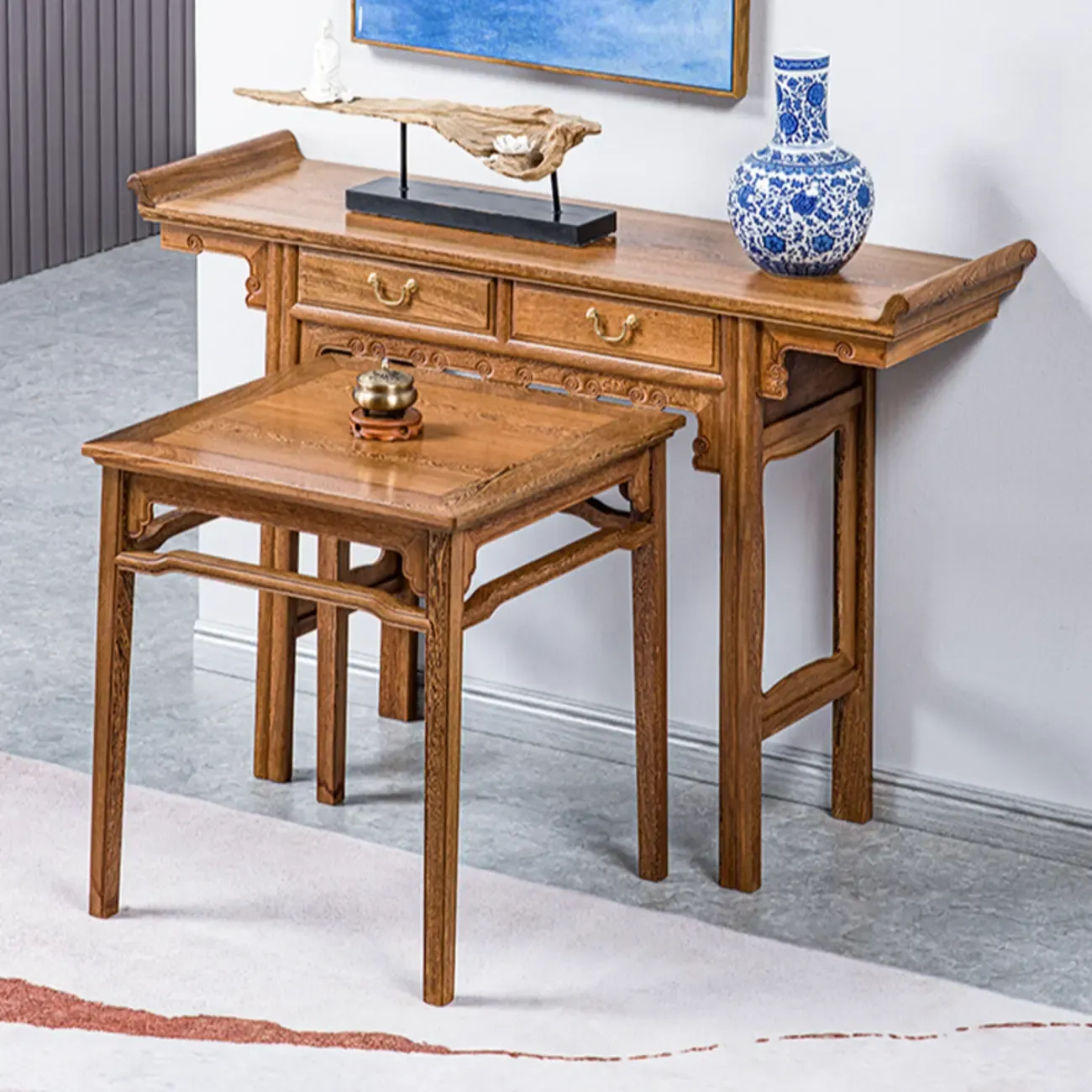 Oriental Brown Wooden Console Table with Drawers Image - 6
