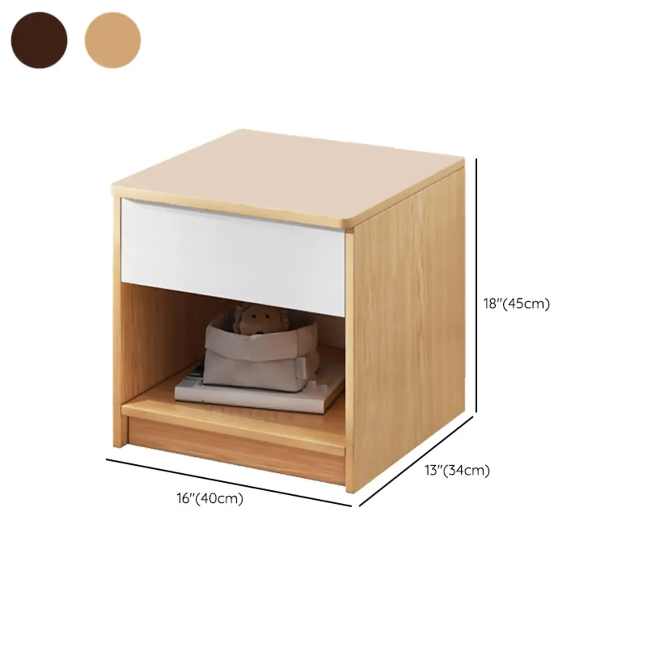 Modern Wooden Nightand with White Drawer and Open Storage #size