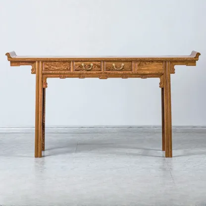 Oriental Brown Wooden Console Table with Drawers Image - 7