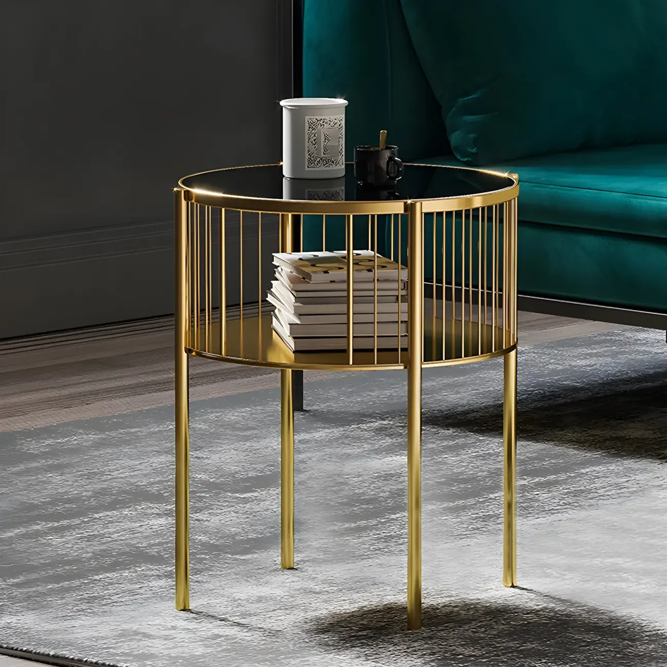 Simple Round Metal Bedside Table in Black with Shelf  Image - 17