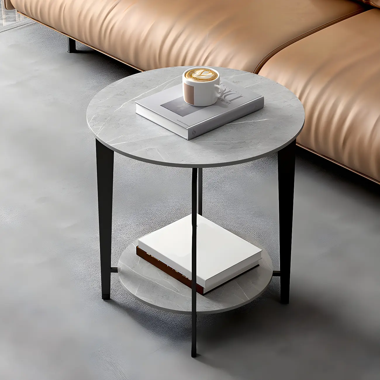 Industrial Round Nightstand in Grey with Stone Top and Shelf Image - 1 | homeyfad
