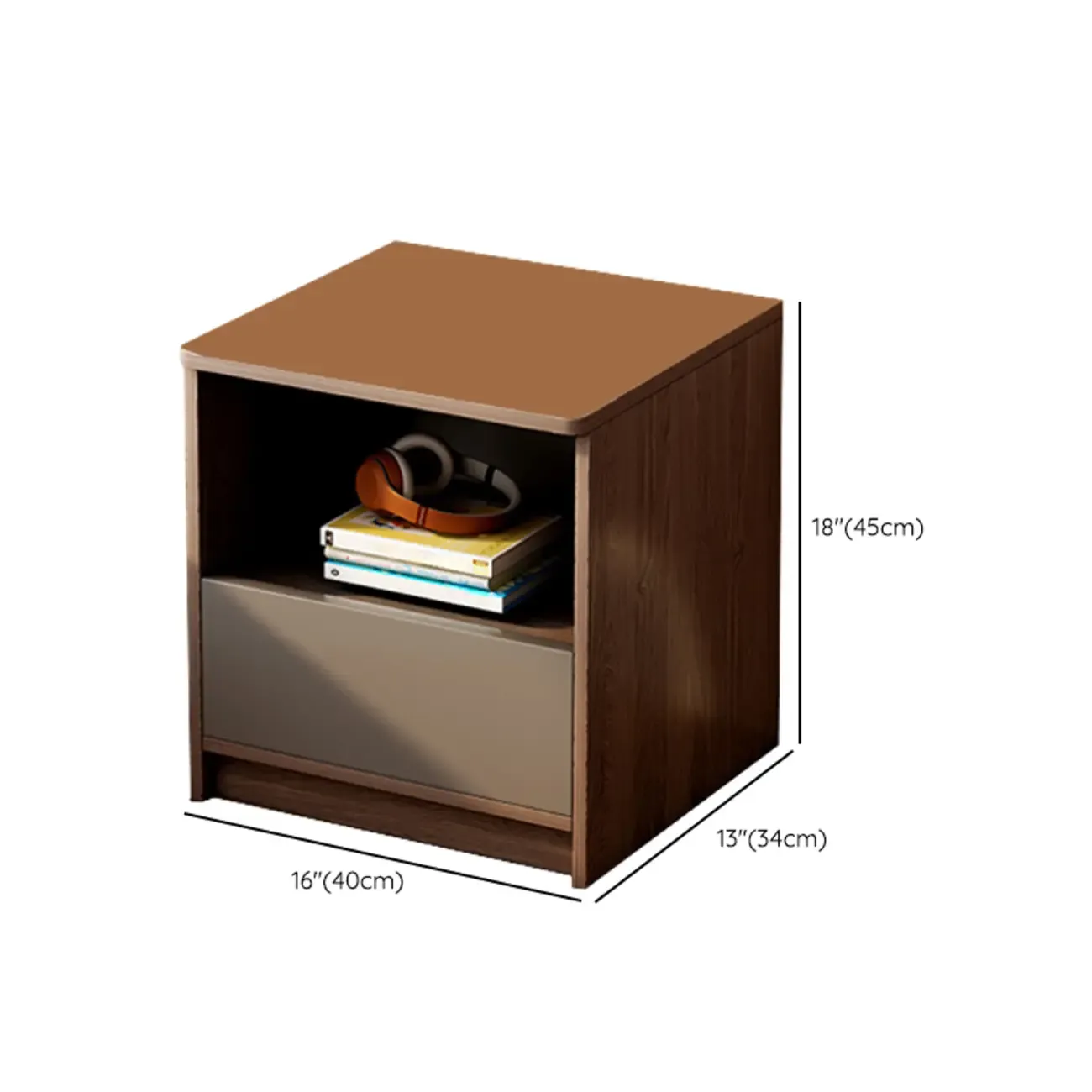 Modern Wooden Nightand with White Drawer and Open Storage Image - 13