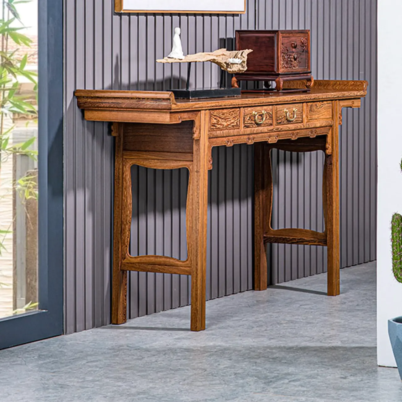 Oriental Brown Wooden Console Table with Drawers Image - 8 | homeyfad