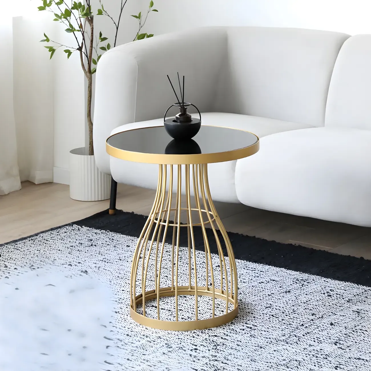 Simple Round Metal Bedside Table in Black with Shelf Image - 18