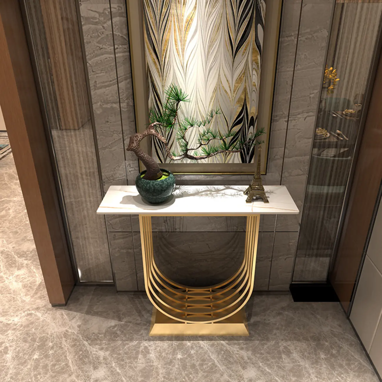 Narrow Stone Top Console Table with U-Shaped Base Image - 11 | homeyfad