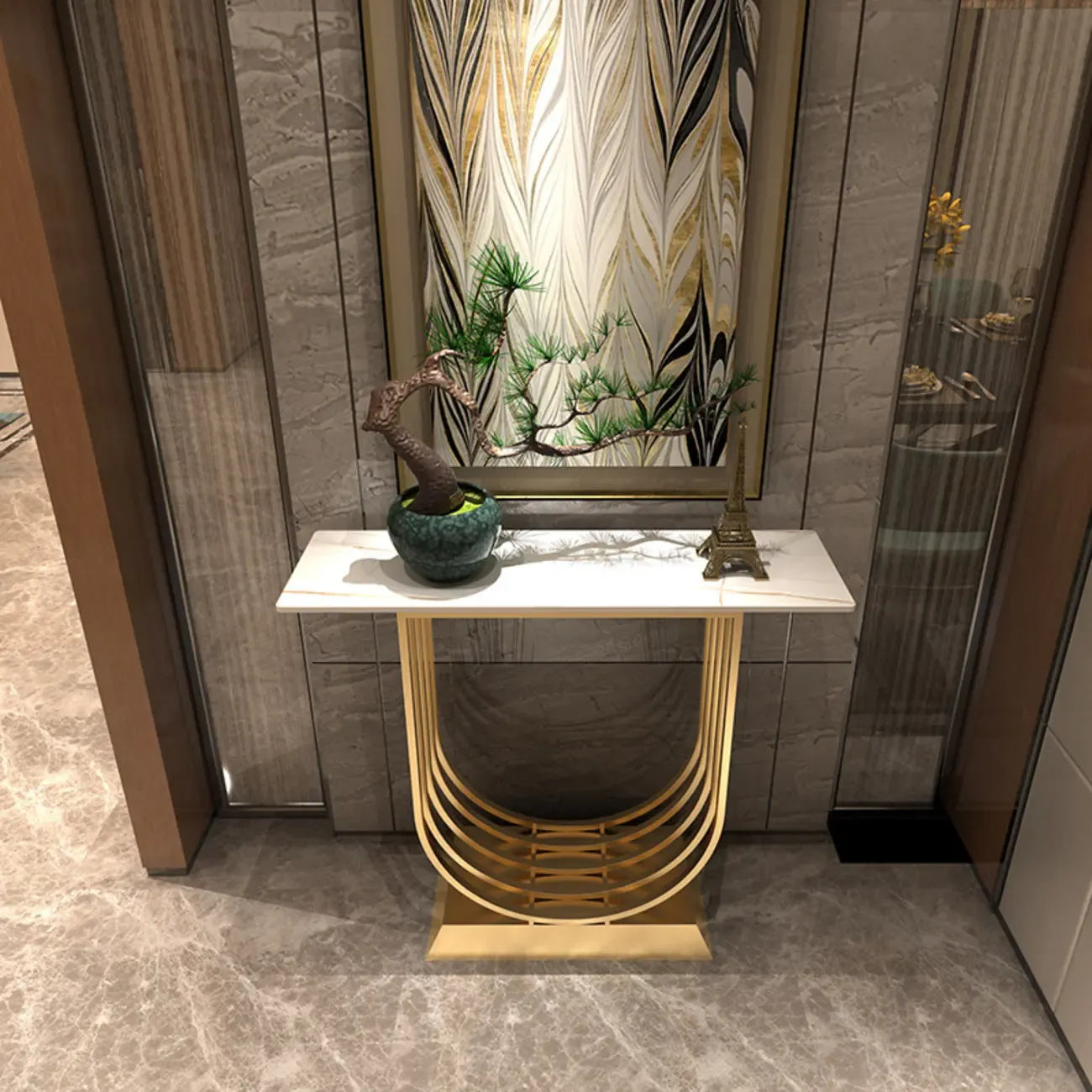 Narrow Stone Top Console Table with U-Shaped Base Image - 11