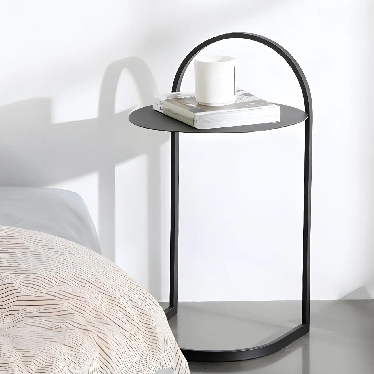 Simple Round Metal Bedside Table in Black with Shelf  Image - 19 | homeyfad