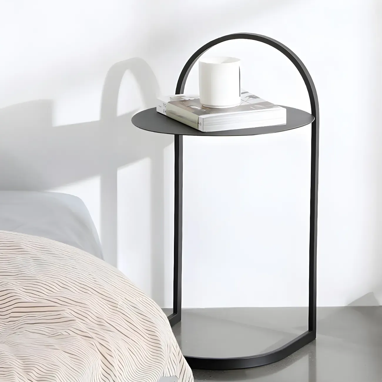 Simple Round Metal Bedside Table in Black with Shelf  Image - 19