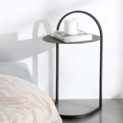 Simple Round Metal Bedside Table in Black with Shelf  Image - 19