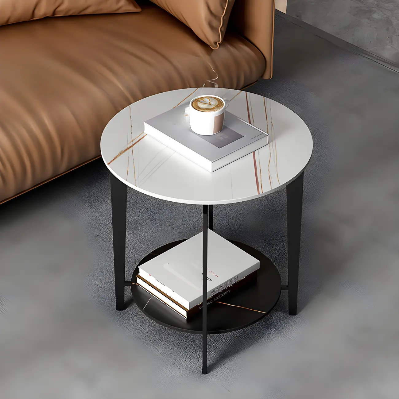 Industrial Round Nightstand in Grey with Stone Top and Shelf Image - 4 | homeyfad