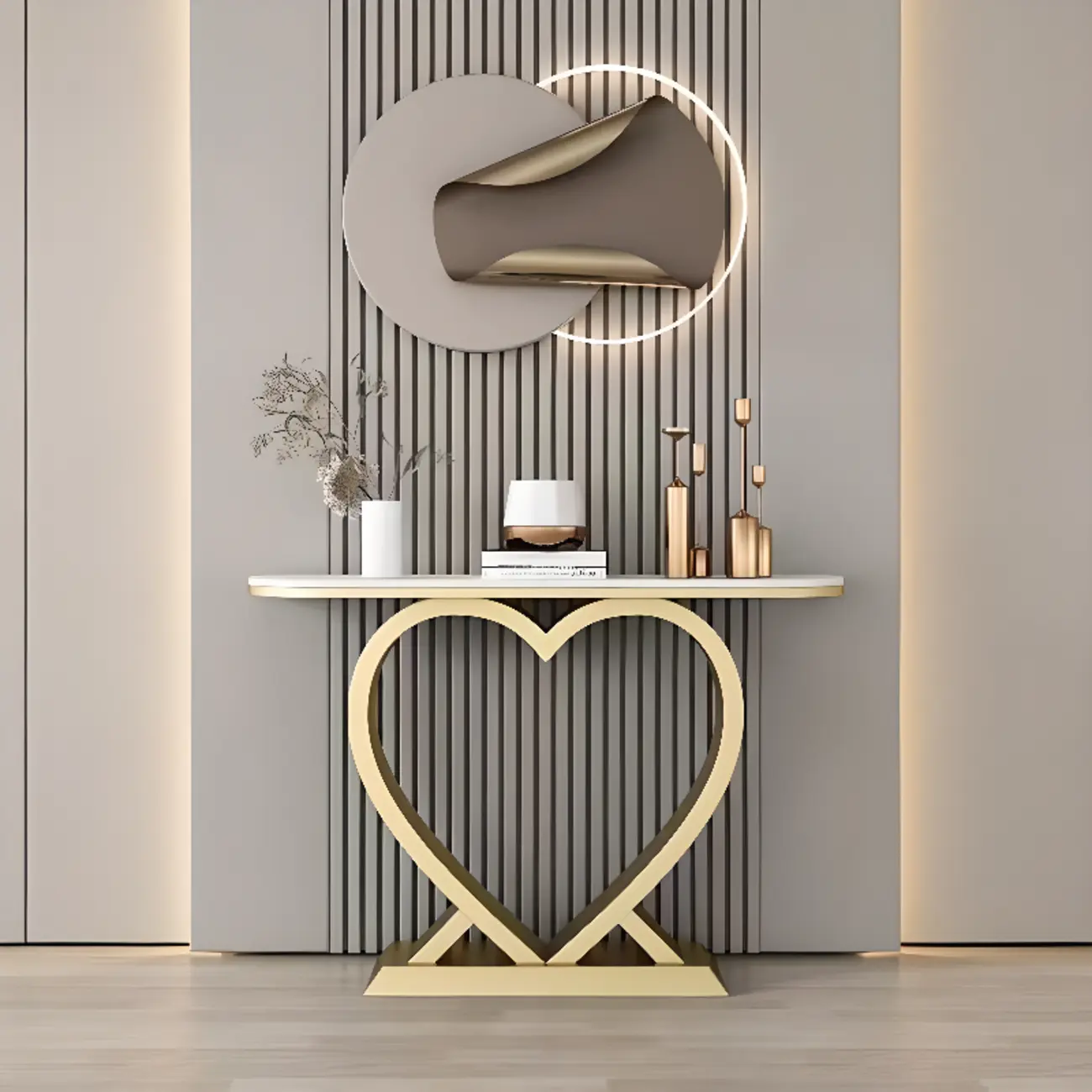 Glam Stone Top Console Table with Gold Heart Base Image - 1 | homeyfad