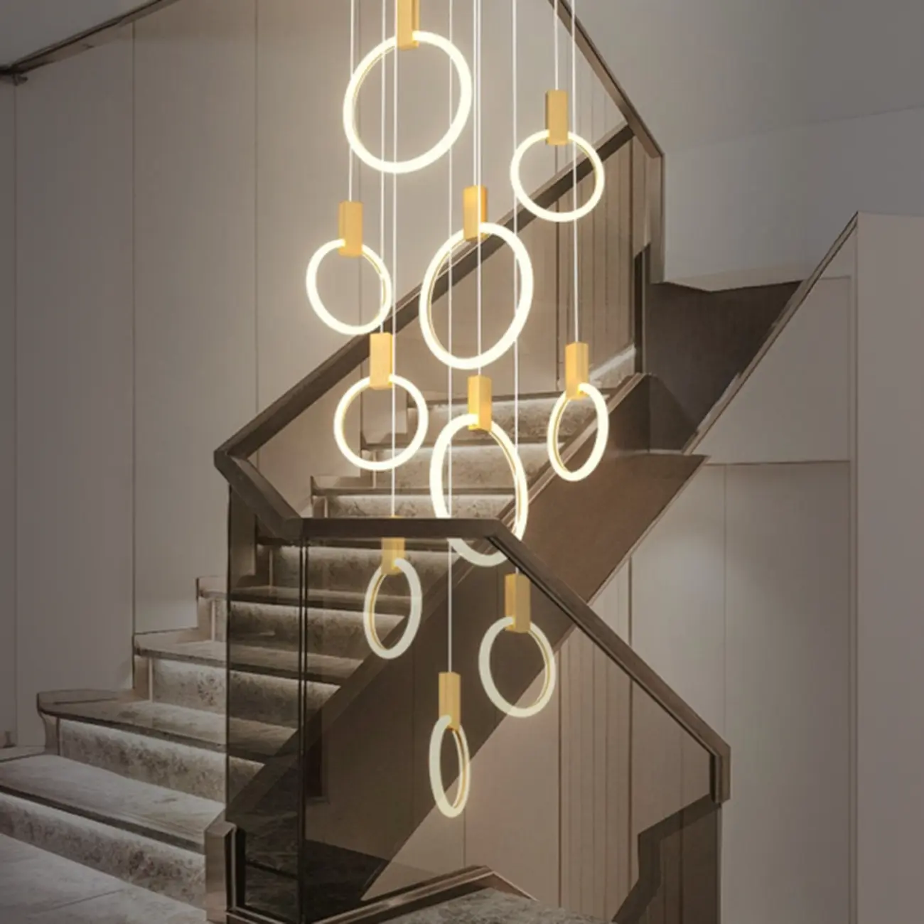 Customizable Gold Ring LED Cluster Pendant Light for Staircase Image - 1 | homeyfad