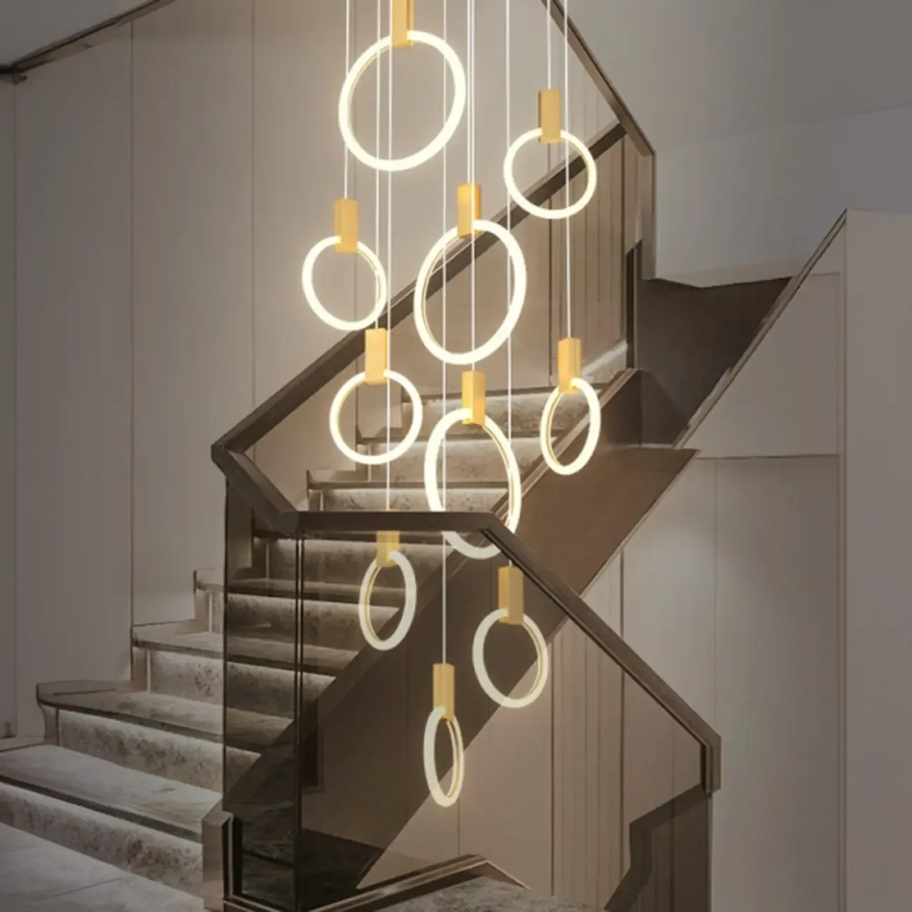 Customizable Gold Ring LED Cluster Pendant Light for Staircase Image - 1