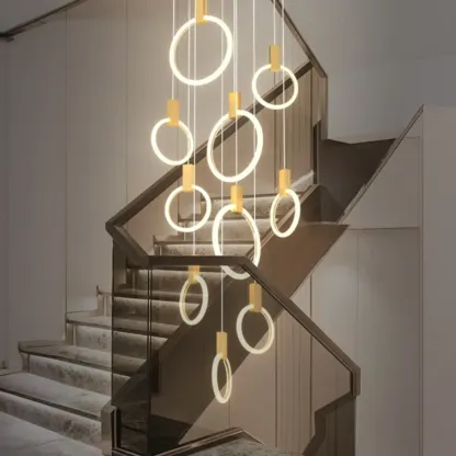 Customizable Gold Ring LED Cluster Pendant Light for Staircase Image - 1