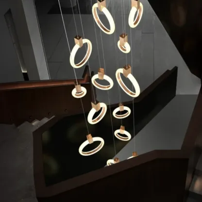 Customizable Gold Ring LED Cluster Pendant Light for Staircase Image - 2