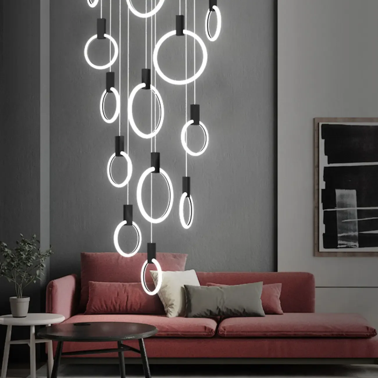 Customizable Gold Ring LED Cluster Pendant Light for Staircase Image - 3
