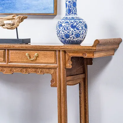 Oriental Brown Wooden Console Table with Drawers Image - 13
