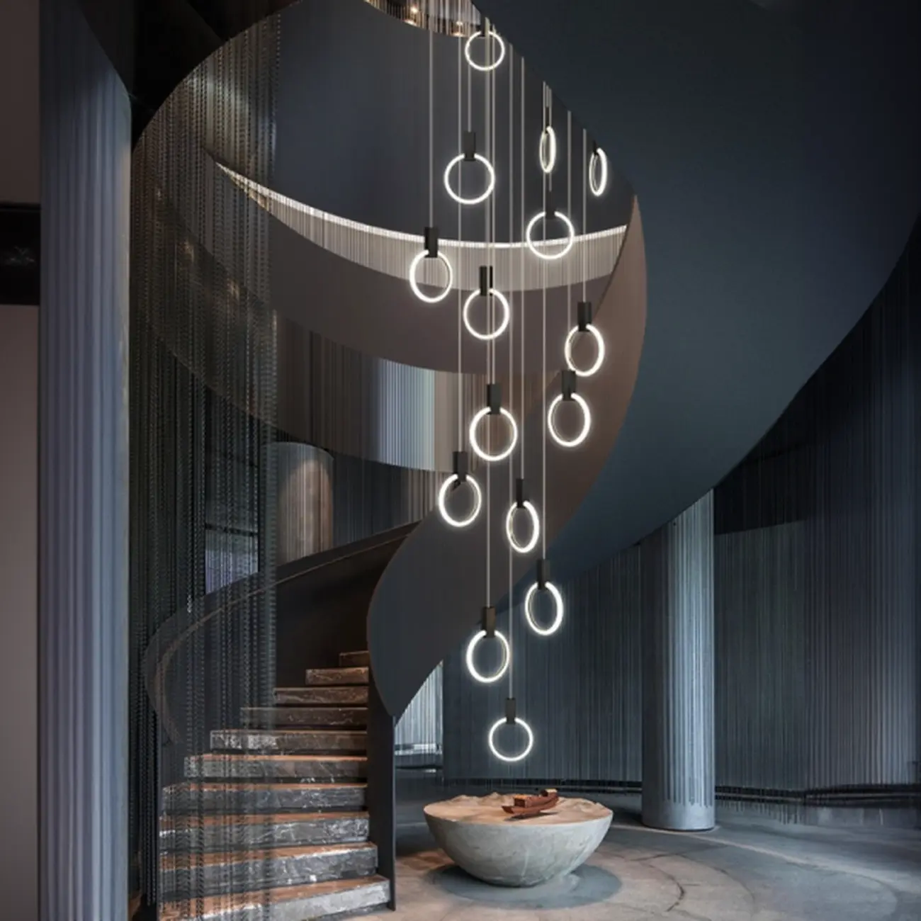Customizable Gold Ring LED Cluster Pendant Light for Staircase Image - 4 | homeyfad