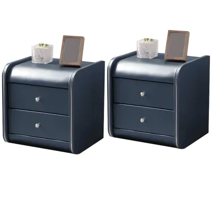 Stylish Leather Round Edge Bedside Table with 2 Drawers in Blue Image - 40