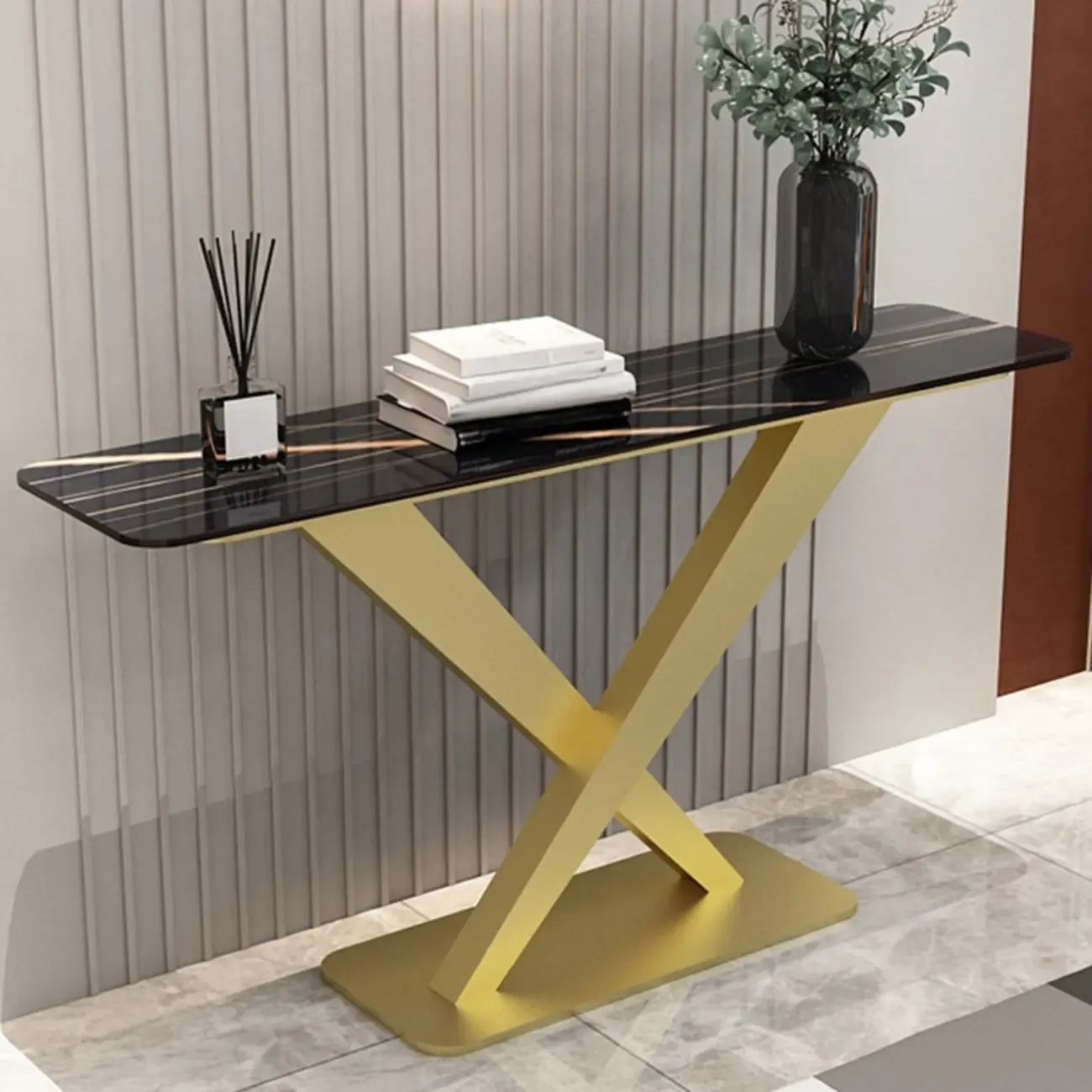 Modern Stone Console Table with Metal Cross Legs Image - 1