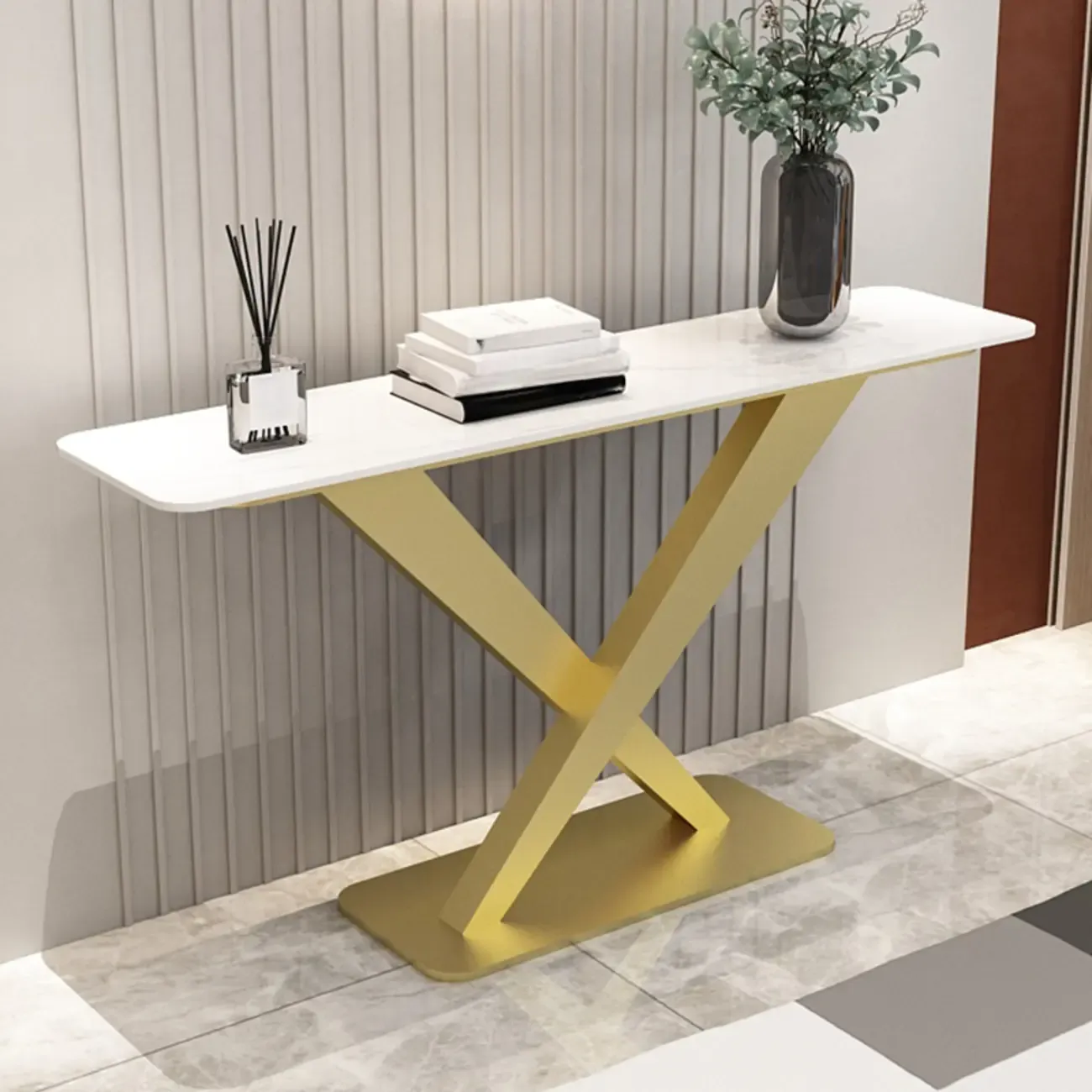 Modern Stone Console Table with Metal Cross Legs Image - 2
