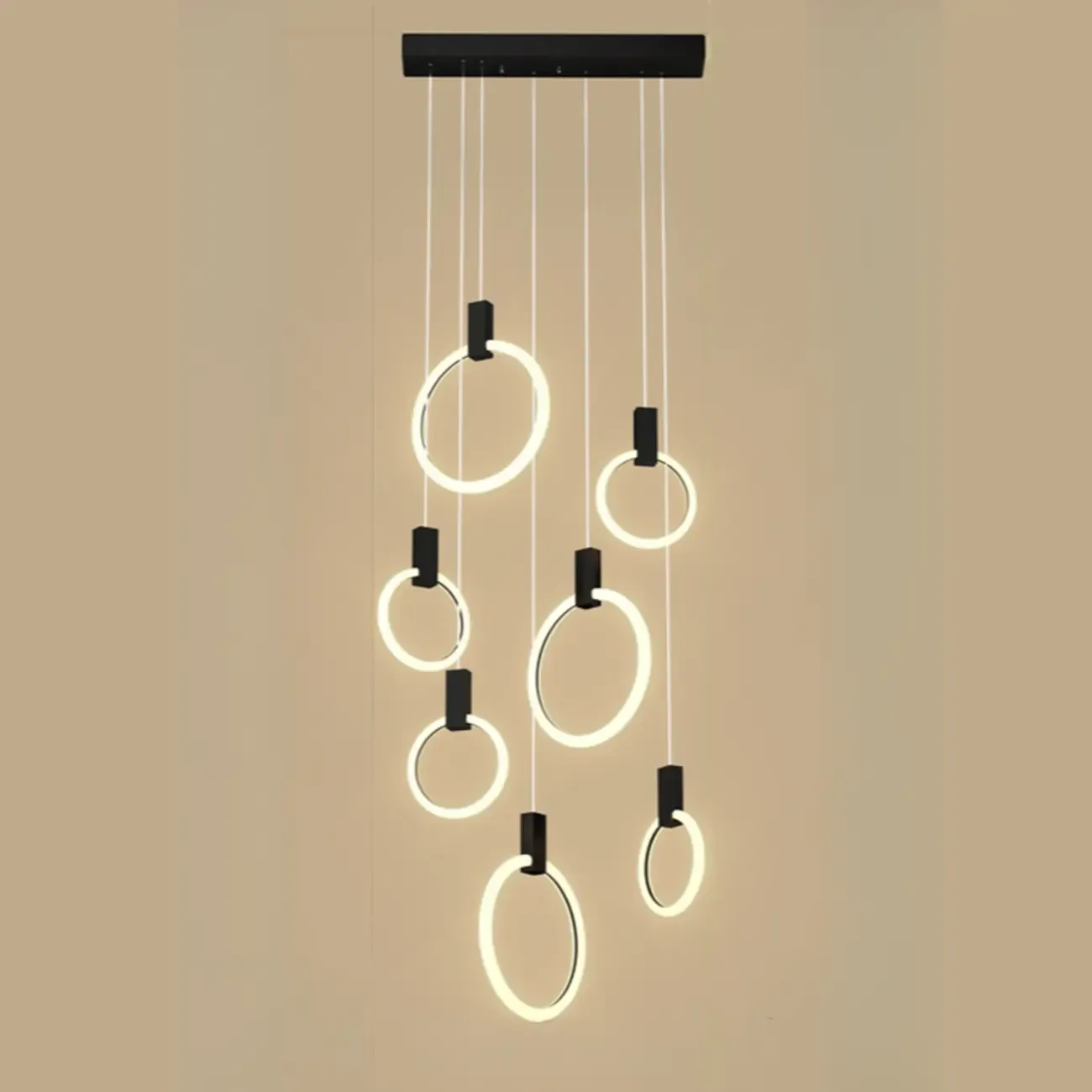 Customizable Gold Ring LED Cluster Pendant Light for Staircase Image - 8