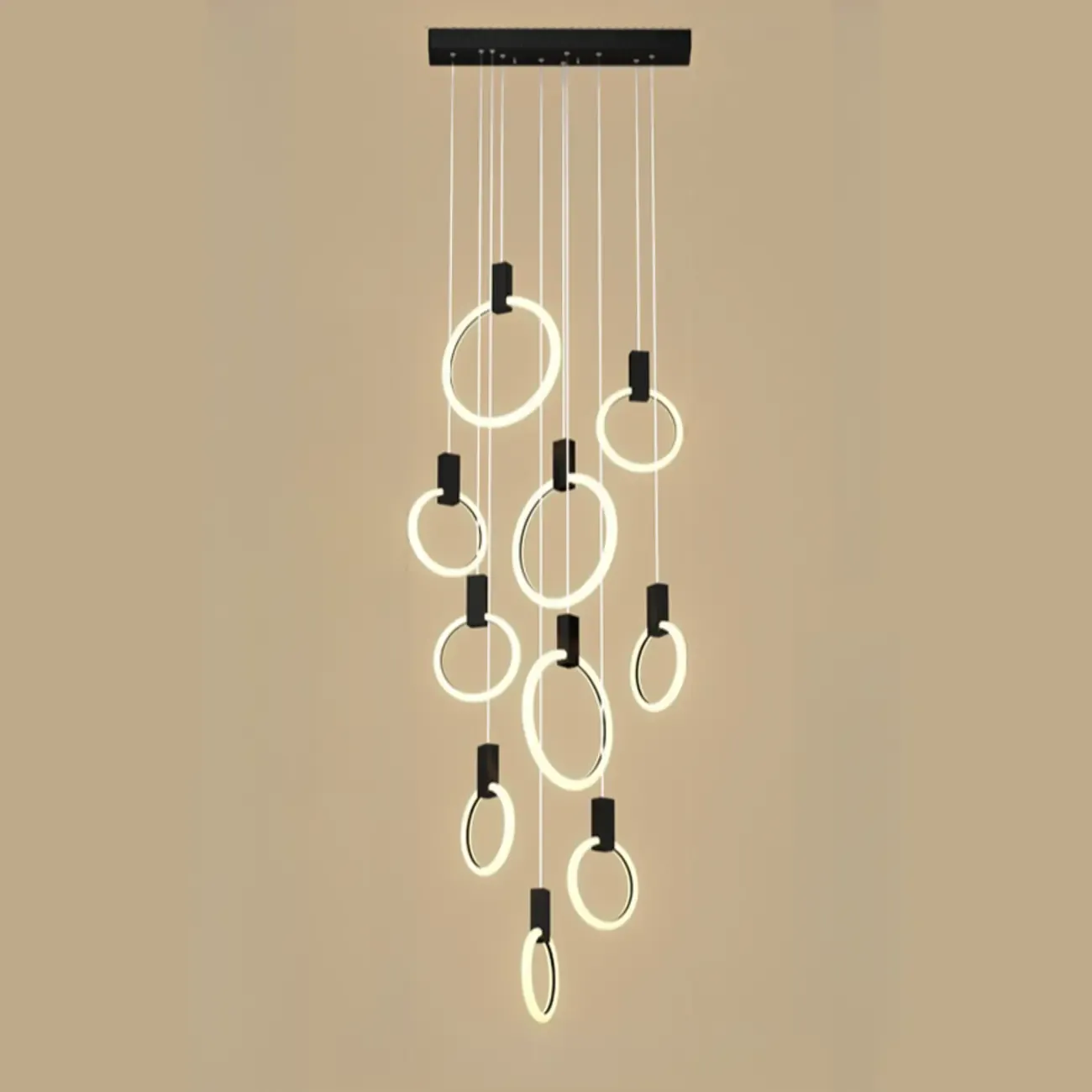 Customizable Gold Ring LED Cluster Pendant Light for Staircase Image - 9