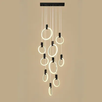Customizable Gold Ring LED Cluster Pendant Light for Staircase Image - 9