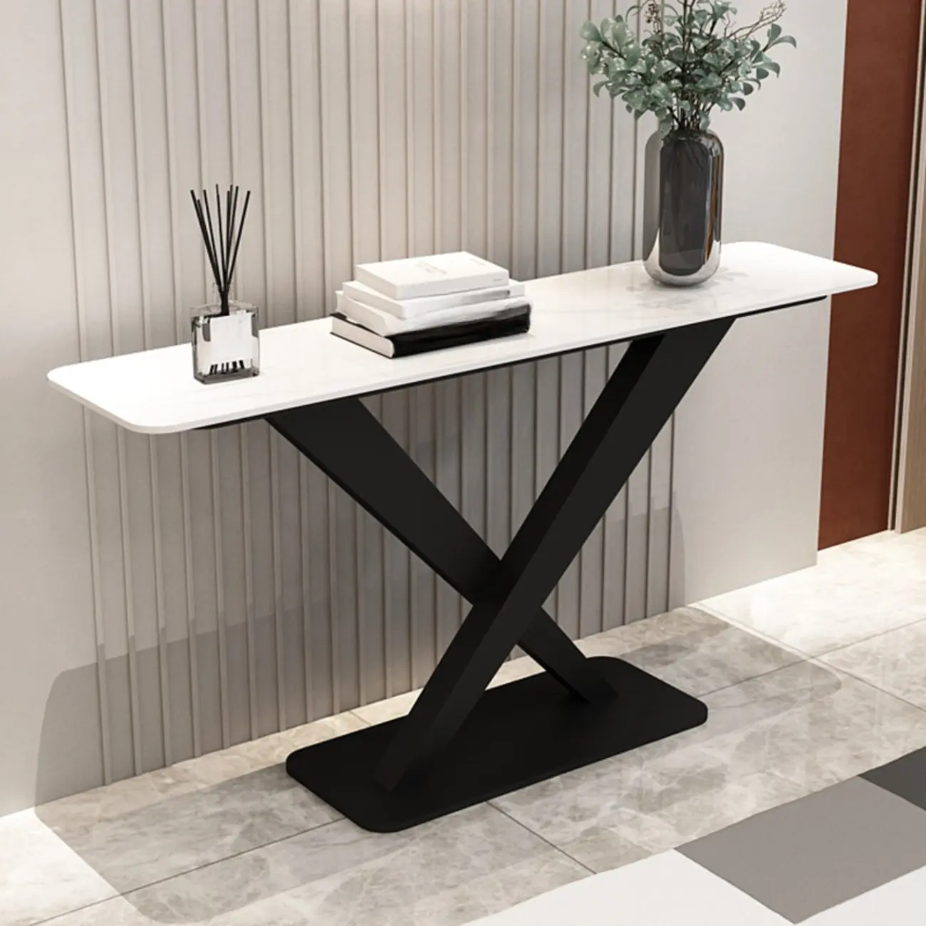 Modern Stone Console Table with Metal Cross Legs Image - 3 | homeyfad