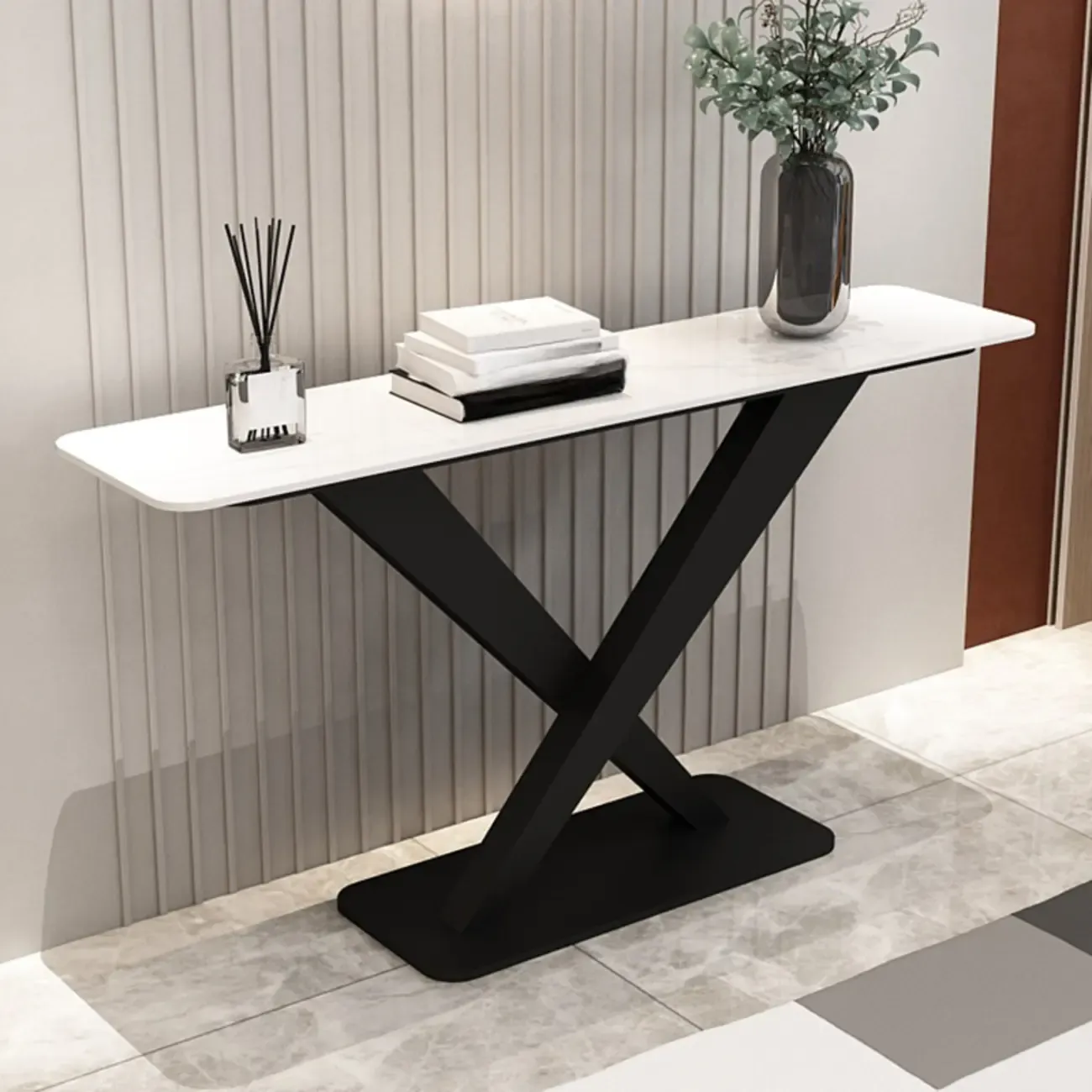 Modern Stone Console Table with Metal Cross Legs Image - 3