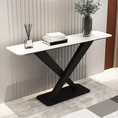 Modern Stone Console Table with Metal Cross Legs Image - 3