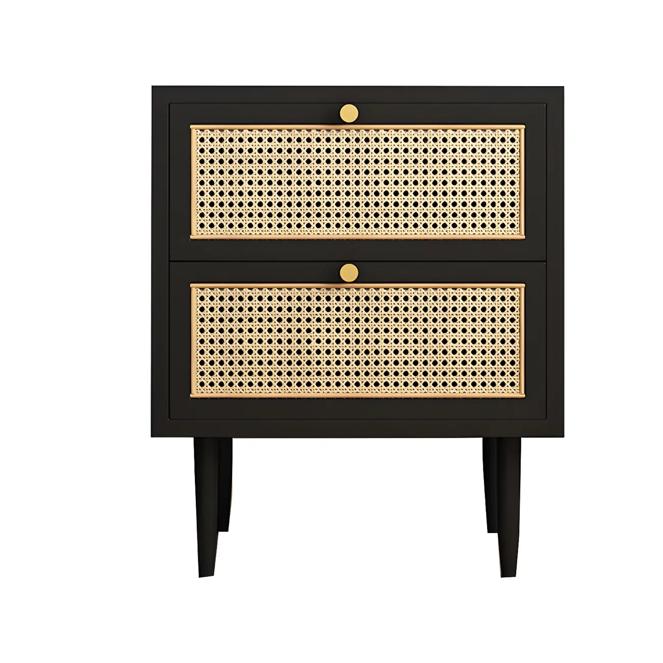 Classic Black Wooden Bedside Table with Wicker Storage Drawers Image - 2 | homeyfad